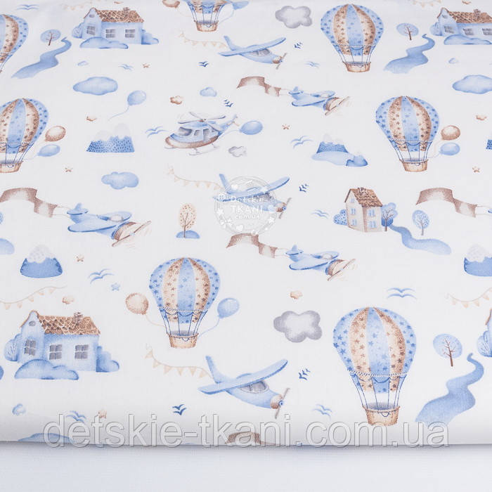 Бязь "Волошкові будиночки, повітряні кулі та вертольоти на білому тлі", №3524, фото 1