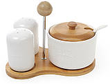Спецівники на бамбуковій підставці: сільничка, перечниця + банка для спецій фарфоровий посуд Naturel, фото 3