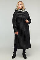 Длинное стильное женское стеганное пальто с разрезами по бокам , ЦВЕТ ЧЕРНЫЙ С СЕРЫМ , БРЕНД RICHES