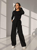 Палаццо брюки для девочки подростков широкие с поясом и карманами черного цвета №3.30