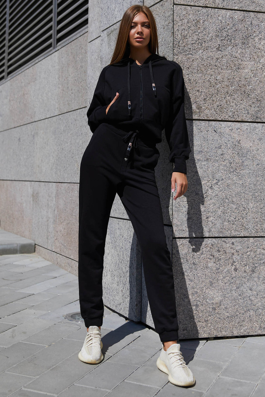 Молодіжний прогулянковий брючний костюм Лонг з трьохнитки з капюшоном чорний 42 44 46 48 розміри