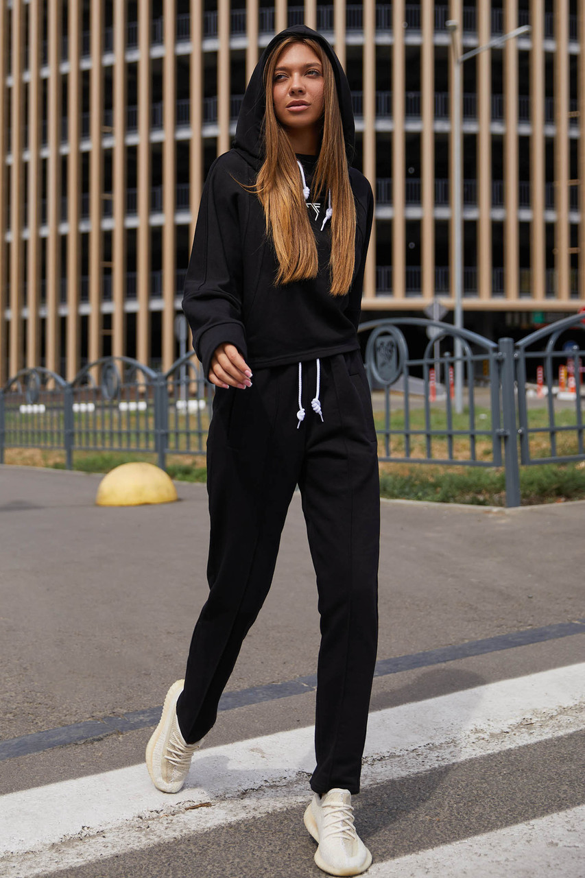 Прогулянковий спортивний брючний костюм Стінг з трьохнитки бавовна з капюшоном чорний 42 44 46 48 розміри