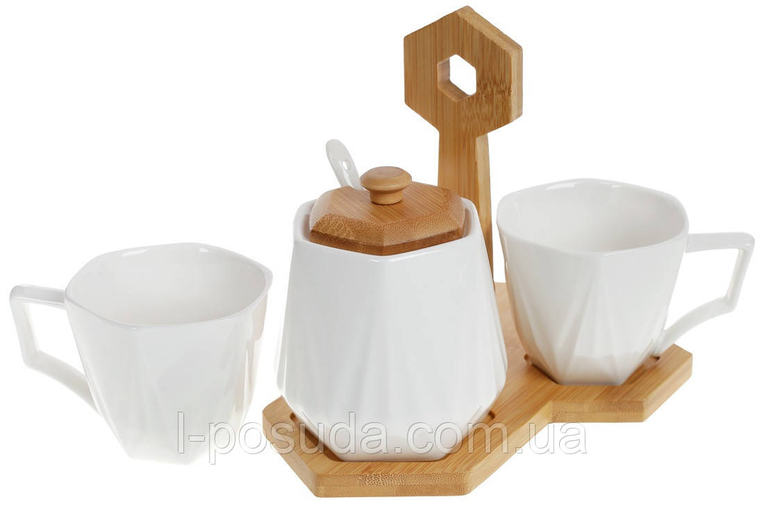 Кавовий сервіз Naturel з порцеляни на бамбуковій підставці (чашки + цукорниця)