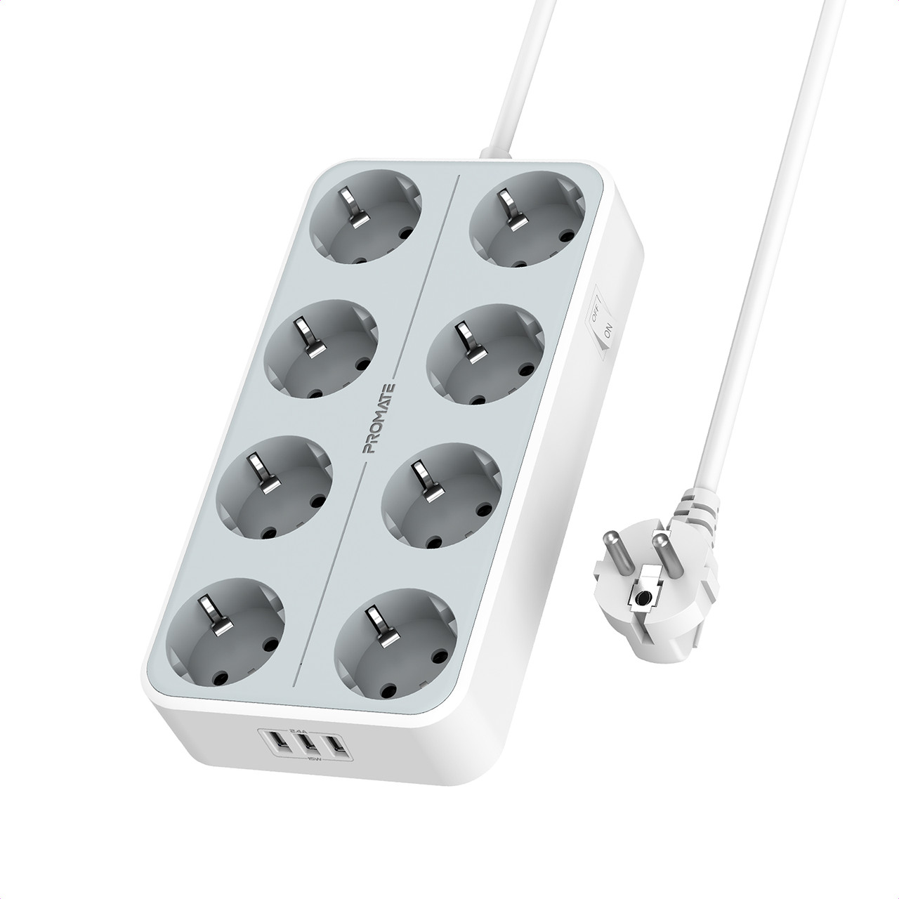 Мережевий фільтр 11-в-1 Promate PowerCord8EU-2M 8 розеток і 3 USB порта 2м White (powercord8eu-2m.white)