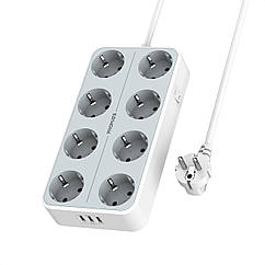 Мережевий фільтр 11-в-1 Promate PowerCord8EU-2M 8 розеток і 3 USB порта 2м White (powercord8eu-2m.white)