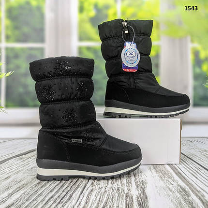 Чобітки дутики дитячі для дівчинки зимові чорного кольору зі стразами, фото 1