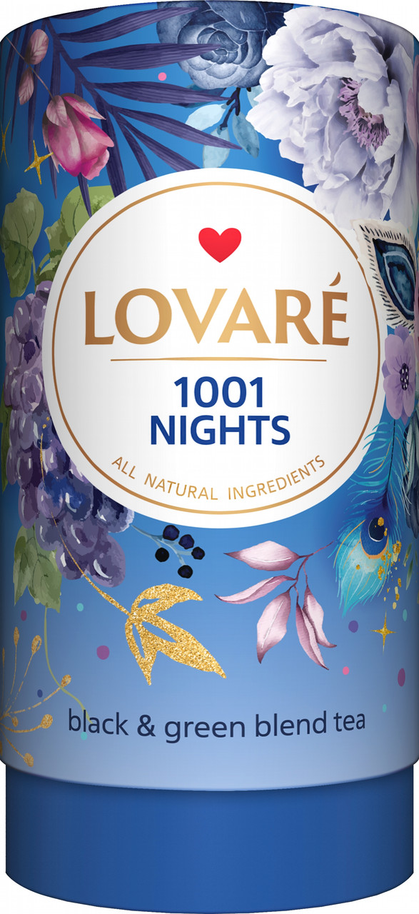 Суміш чорного та зеленого чаю Lovare 1001 Ніч з фруктами та пелюстками квітів 80 г у подарунковому пакованні