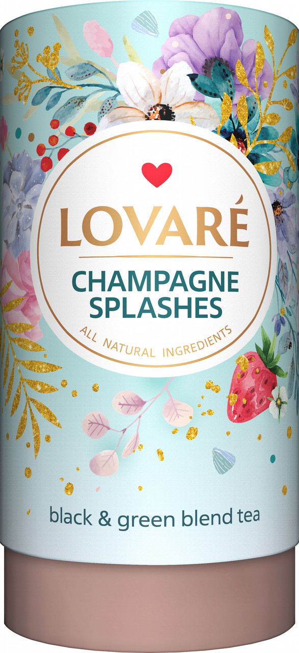 Чорний і зелений чай Lovare Splashes of Champagne з полуницею листовий 80 грамів в подарунковій упаковці