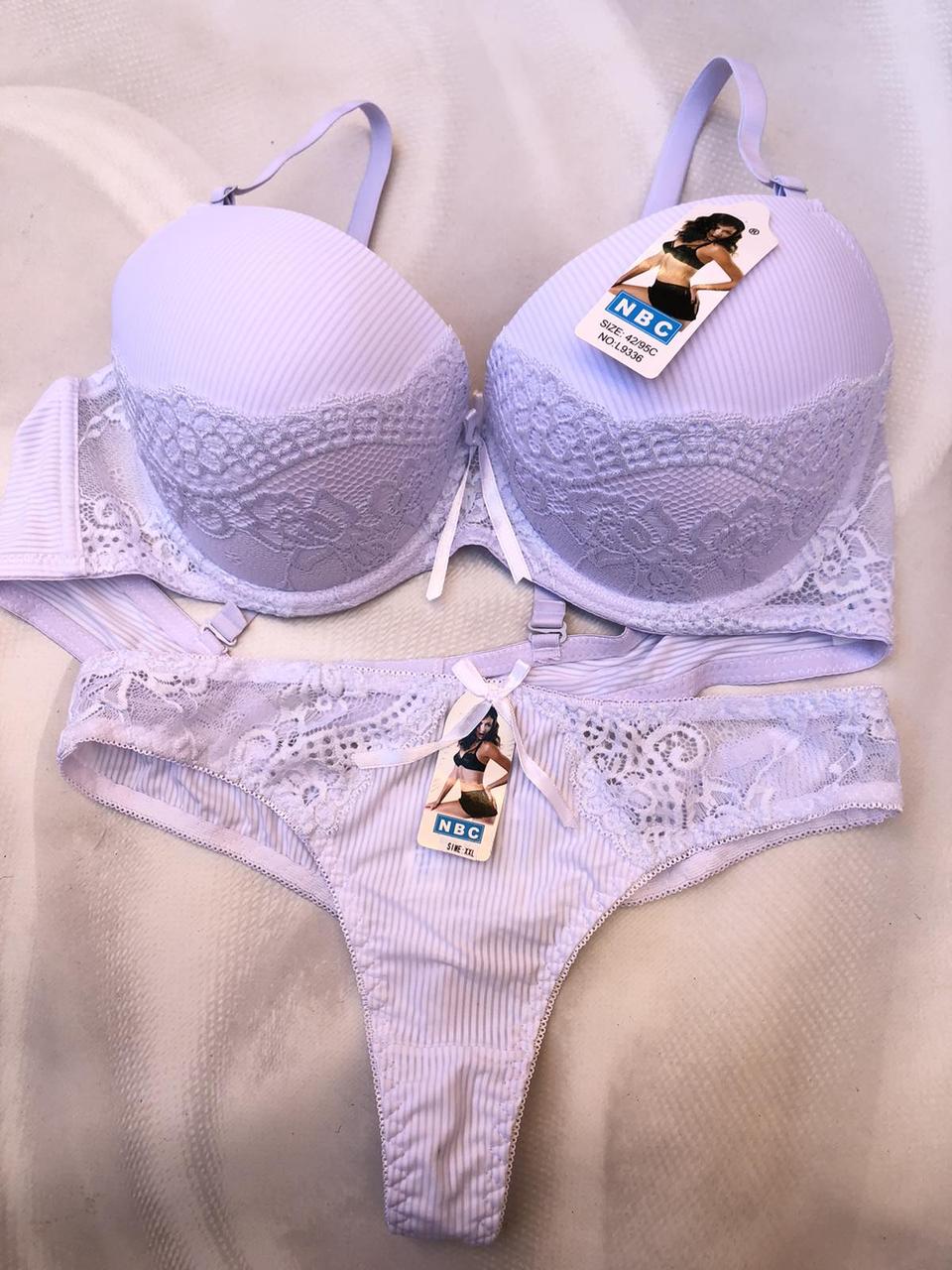 Комплекти нижньої білизни NBC бюст+ трусики стрінги білі на нижній чашки мереживо чашка C  L9336-2, фото 1
