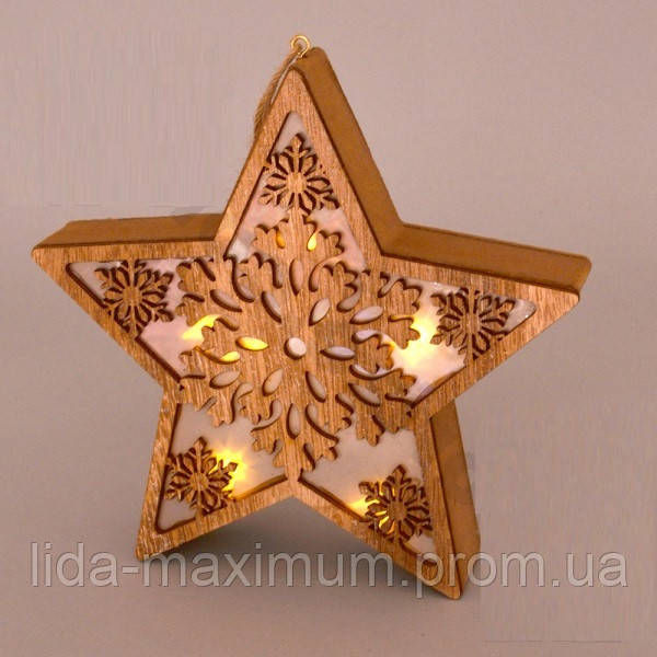 ЗІРОЧКА ЗІ СНІЖИНКОЮ КОРИЧНЕВА З LED ПІДСВІЧУВАННЯМ ДЕРЕВ'ЯНА НА БАТАРЕЙКАХ ОПИС ФОТО КУПИТИ НА НОВИЙ РІК