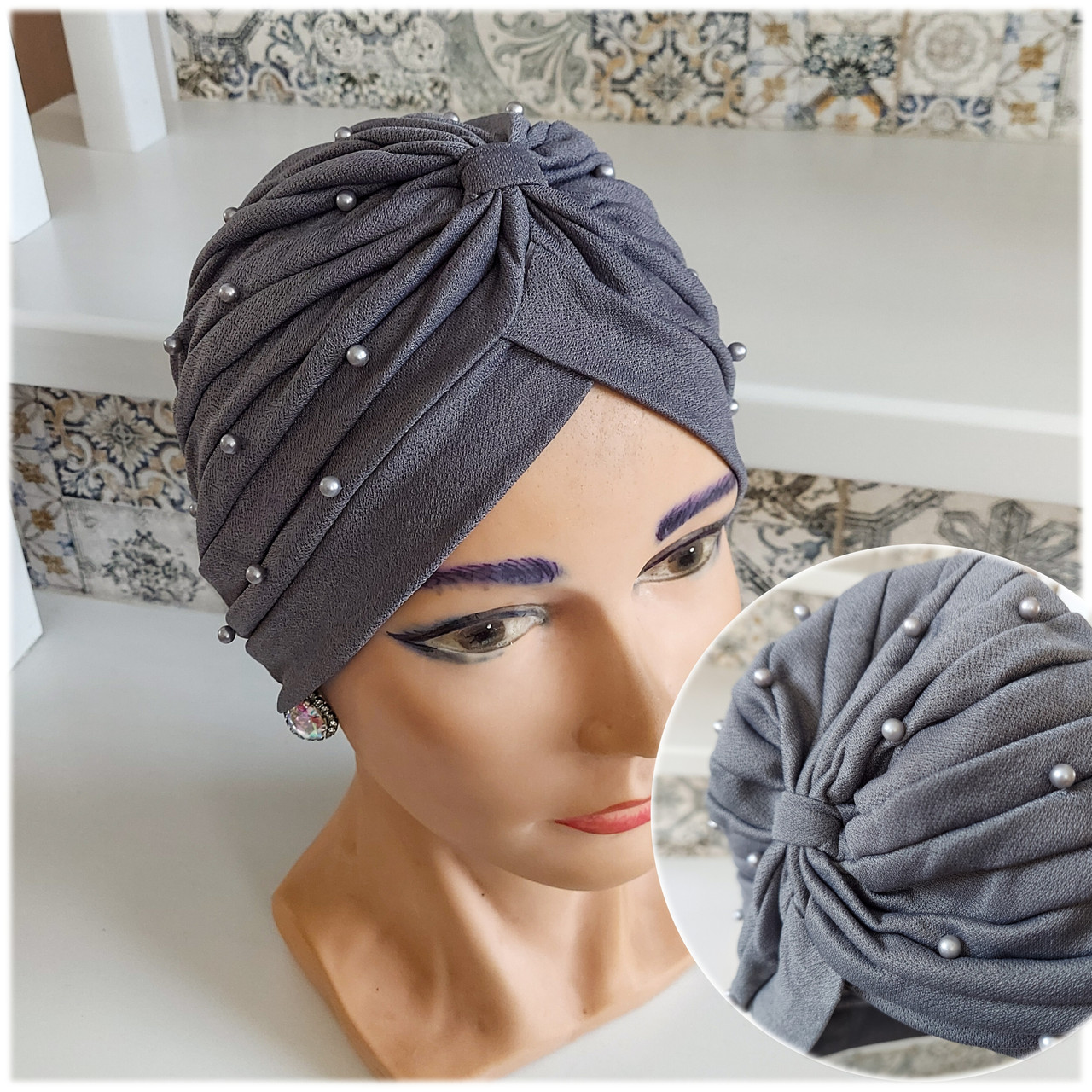 Чалма, хіджаб, шапка для алопеції(онко) NONE - сіра, фото 1