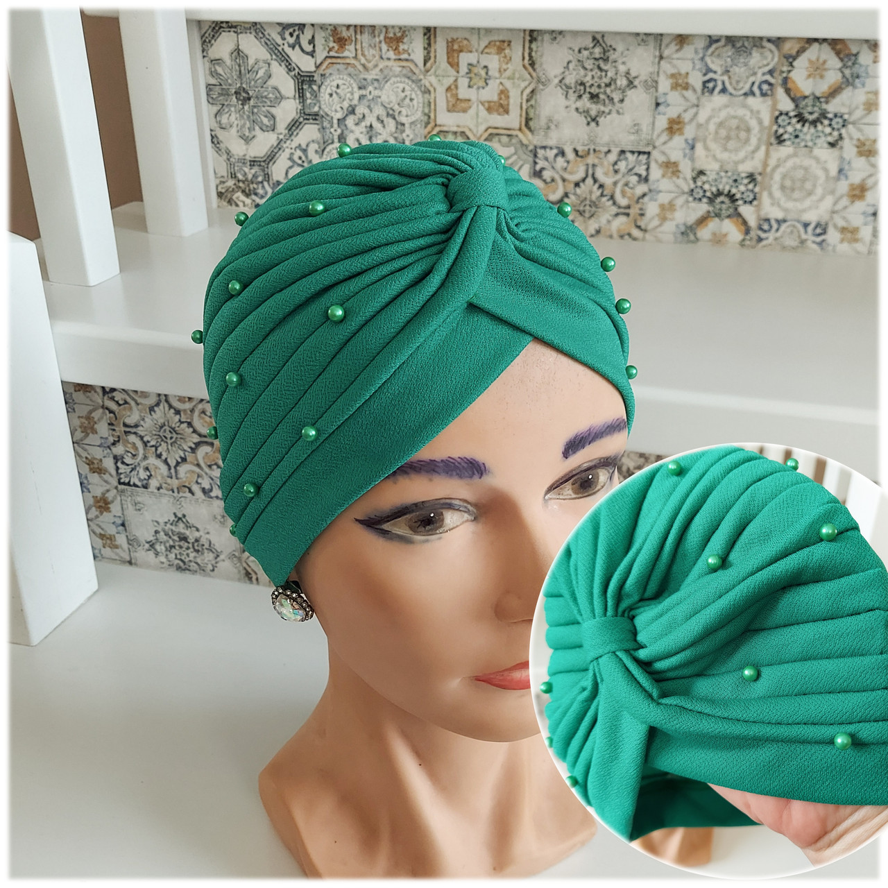 Чалма, хіджаб, шапка для алопеції(онко) NONE - зелена, фото 1