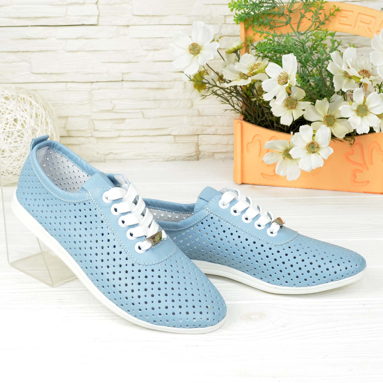 Мокасини жіночі шкіряні зі наскрізною перфорацією, колір блакитний. Розміри 36-41, фото 1