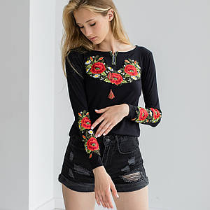 Лонгслів Маків Цвіт чорний з довгим рукавом S