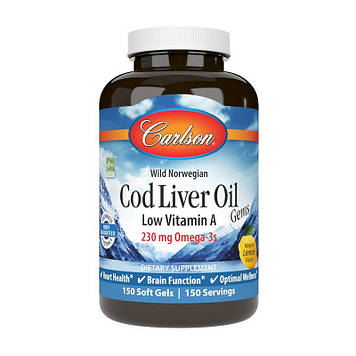 Жир печінки тріски Омега-3 Cod Liver Oil Low Vitamin A 230 mg Omega-3s wild norwegian (150 soft gels, lemon)