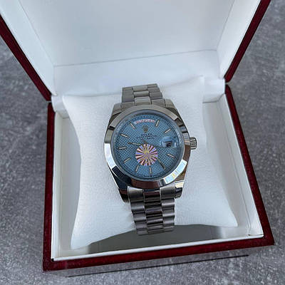Годинник наручний Rolex Day-Date Silver-Blue преміального ААА класу
