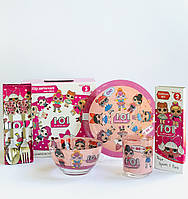 Подарунковий набір дитячого скляного посуду з улюбленим героев  мультфильму 5 предметів Лол рожевий