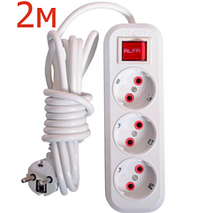 Подовжувач електричний побутовий 2м 3 гнізда з заземленням, з вимикачем LMK034