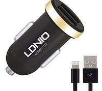 Автомобильное зарядное устройство на 2USB с кабелем Lightning Apple 100см LDNIO DL-C22 |2USB, 2.1A| Черный