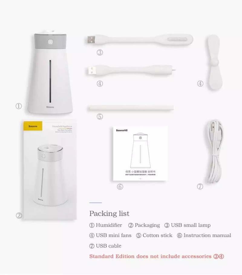 Увлажнитель воздуха BASEUS Slim waist Humidifier with accessories |380mL, лампа, вентилятор| Белый - фото 8 - id-p1479119857