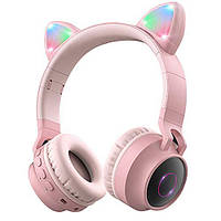 Беспроводные блютус MP3 Наушники с Ушками с флешкой с подсветкой с микрофоном HOCO W27 Розовые