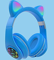 Беспроводные детские Наушники с Ушками с подсветкой +поддержка MicroSD с FM-Радио Cat Ear M2 Bluetooth Синие
