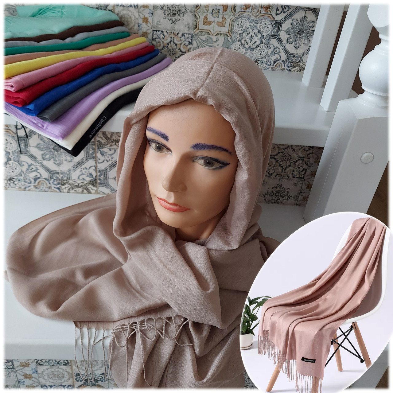 Шаль палантин шарф довгий Cashmere - бежевий, фото 1