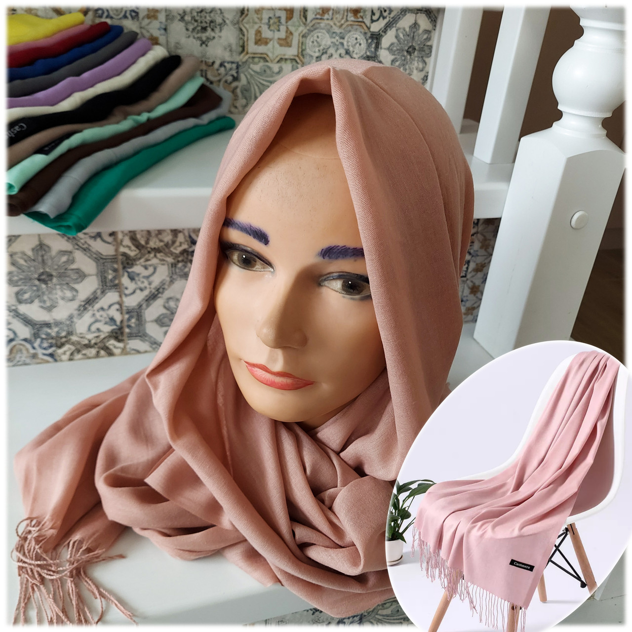 Шаль палантин шарф довгий Cashmere - т/пудровий, фото 1