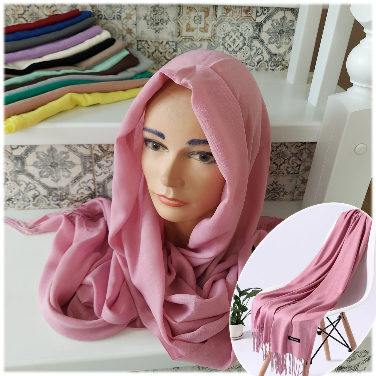 Шаль палантин шарф довгий Cashmere - т/рожевий, фото 1