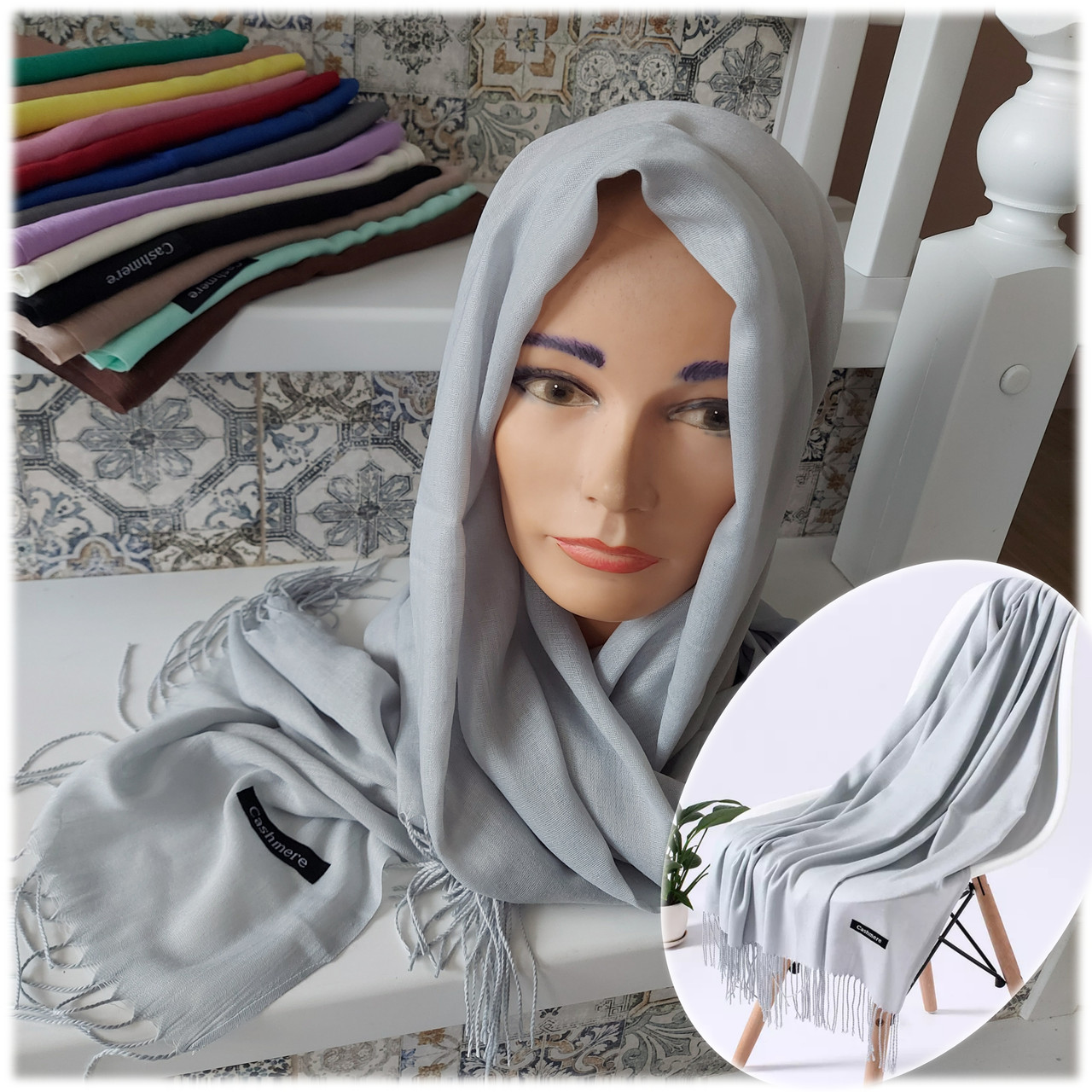 Шаль палантин шарф довгий Cashmere - св/сірий, фото 1
