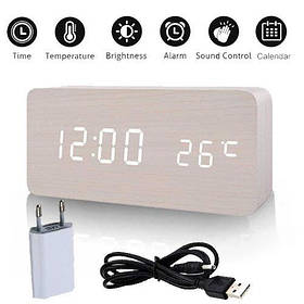 Годинник електронний настільний в дерев'яному корпусі VST-862 білий (біла підсвітка)