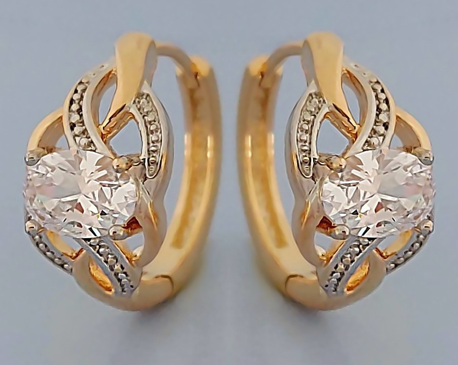 Сережки ХР з білими цирконами. Позолота 18К + родій. Довжина: 1,7 см