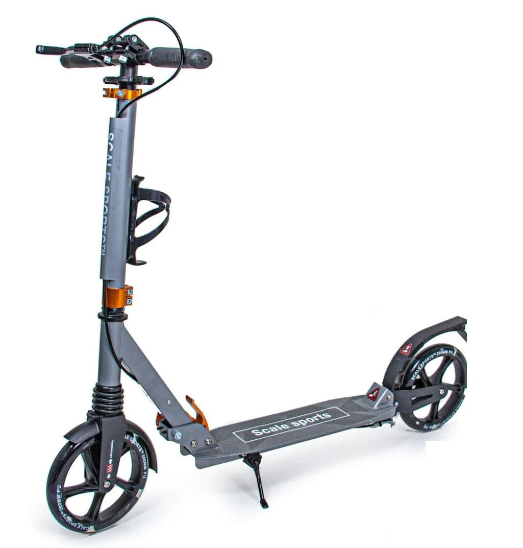 Самокат зі колесами Scale Sports SS-20. Ручне гальмо, дзвінок та LED-ліхтарик. 2 амортизатори. Сірий