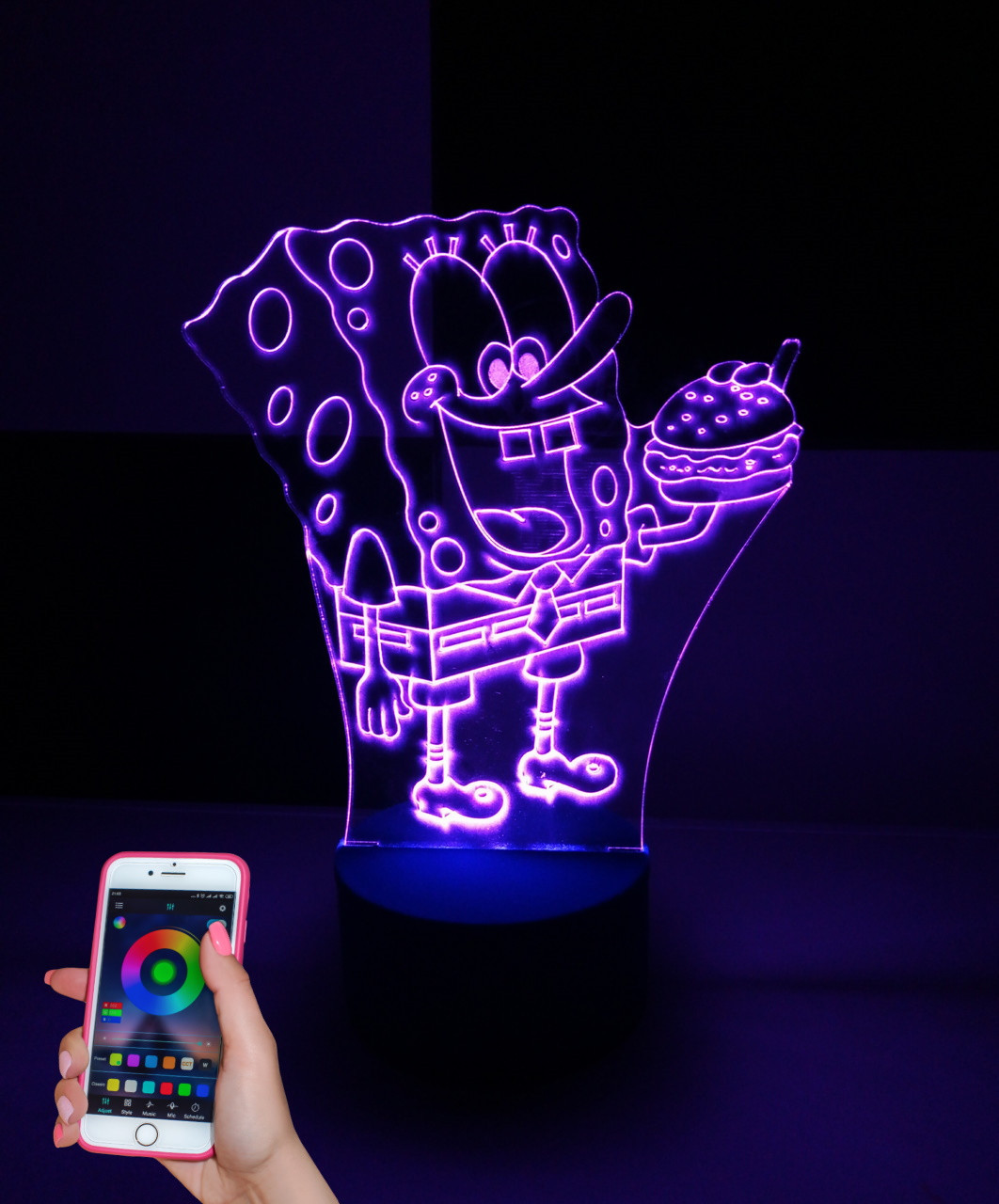 3d-світильник Спанч Боб, Губка Боб, 3д-нічник, кілька підсвічувань (на bluetooth), фото 1