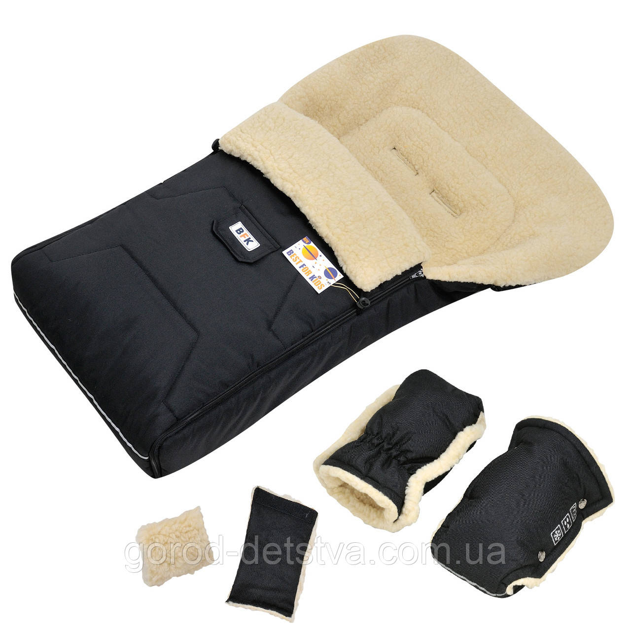 Комплект зимовий конверт чохол на овчині в коляску люльку санчата BFK Ideal і рукавички для батьків, фото 1