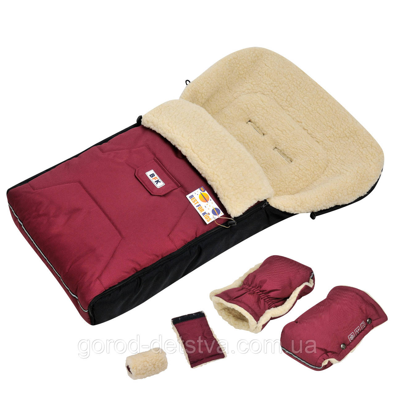 Комплект зимовий конверт чохол на овчині в коляску люльку санки BFK Ideal і рукавички для батьків, фото 1