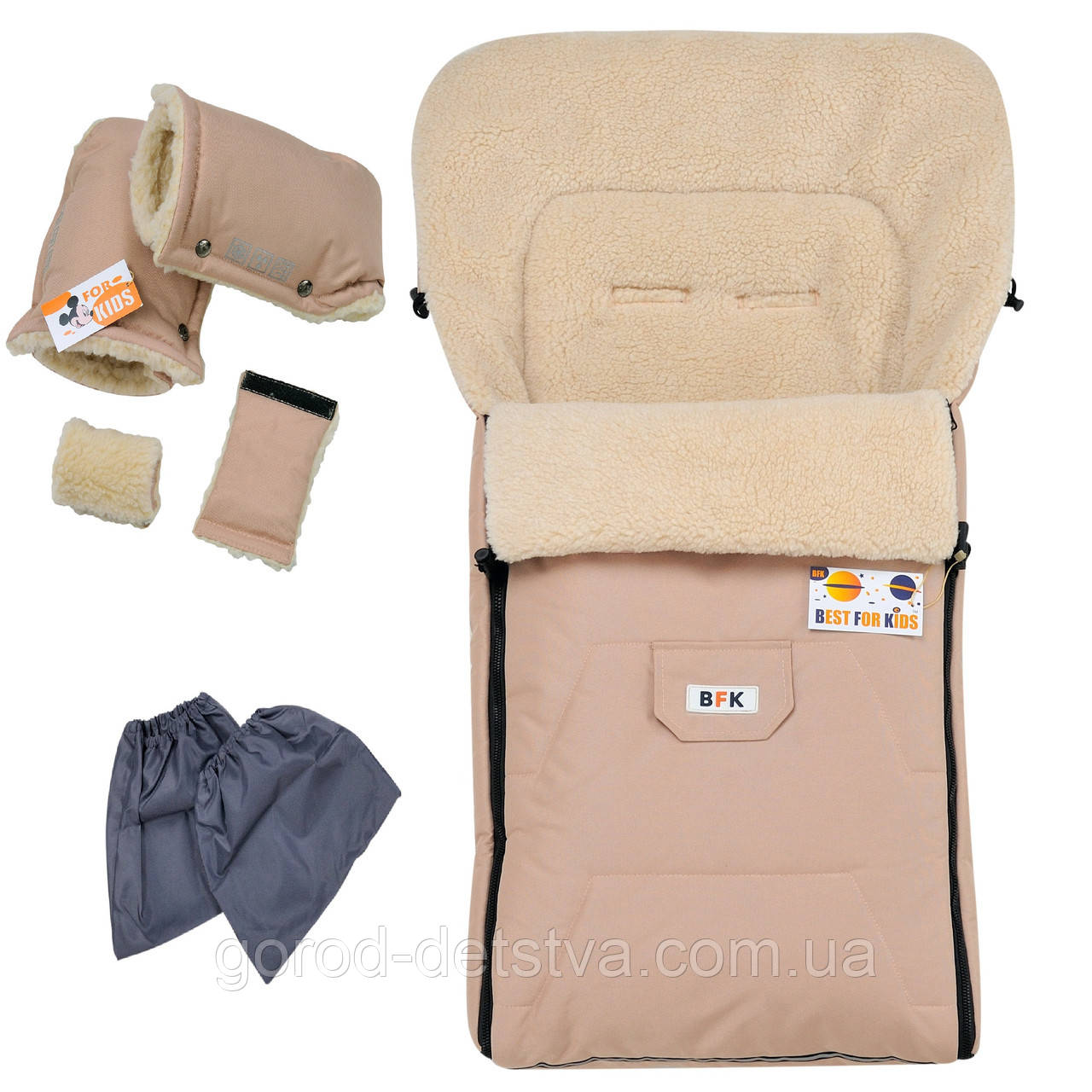 Комплект зимовий конверт (чохол) на овчині в коляску/ люльку/ санки Best For Kids і рукавички для батьків, фото 1