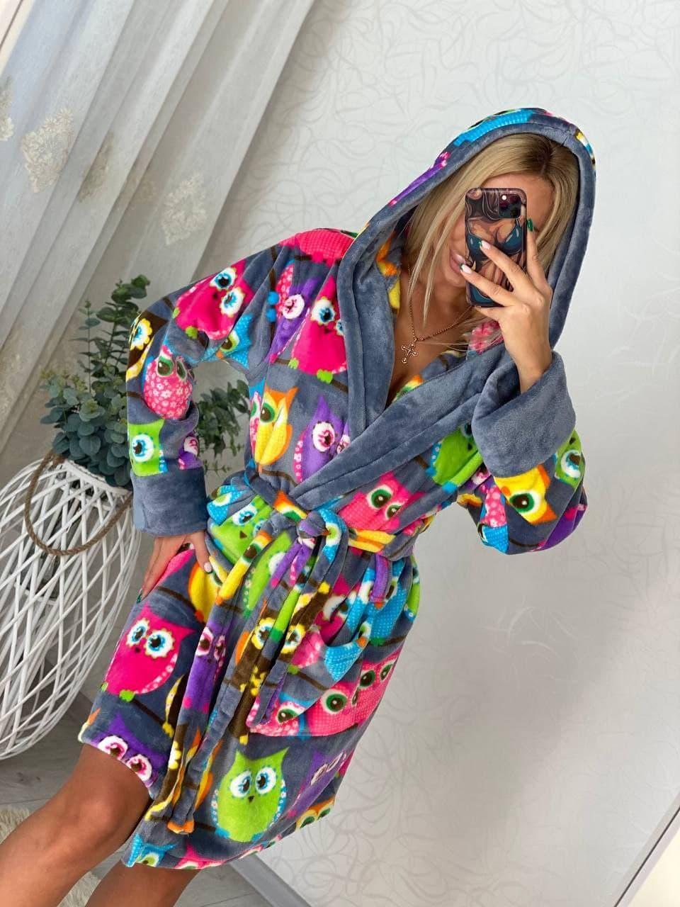 Жіночий яскравий теплий махровий домашній халат із совами, фото 1