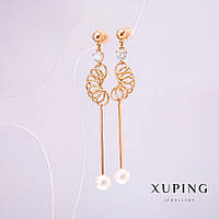 Сережки Xuping Позолота 18к з перлиною 8мм і білим каменем L-77мм +-