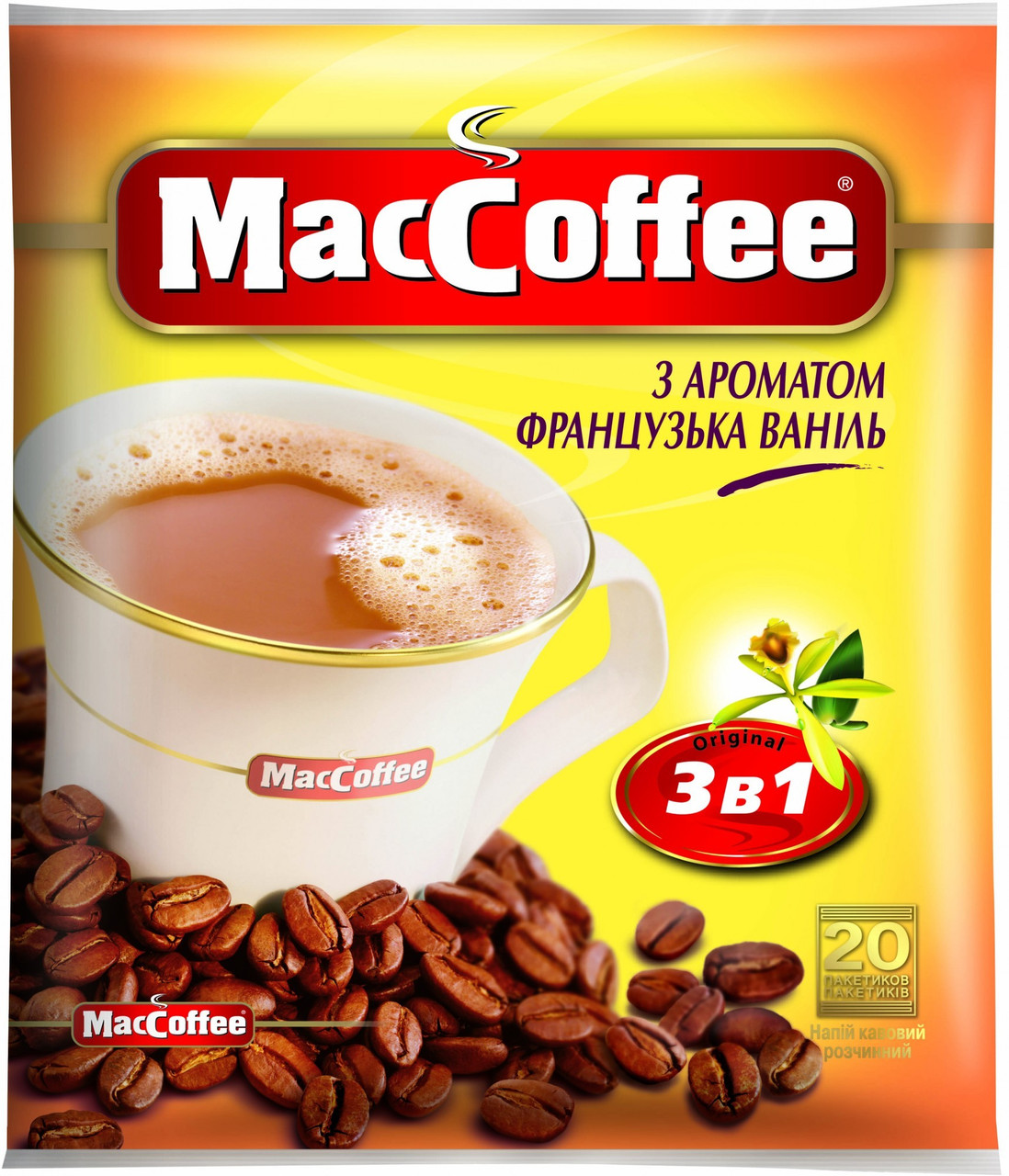 MacCoffee 3 в 1 Французька ваніль кавовий напій 20 пакетиків, фото 1
