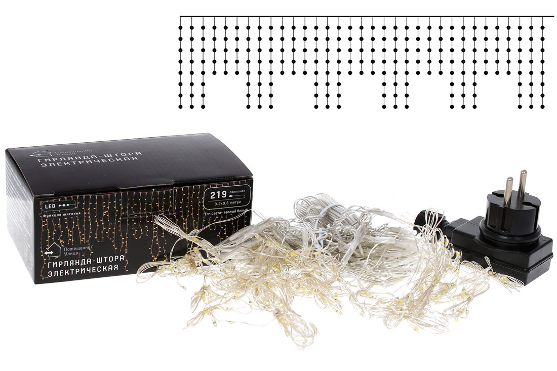 Гірлянда бахрома LED 3,2×0,8 м, 219 ламп, тепле біле світло з ефектом миготіння, прозорий провід, фото 1