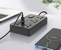 Удлинитель сетевой 1.5 метра HOCO DC15 |2500W 2m EU plug 4USB 3 Sockets QC3.0 3A/30W| Черный