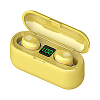 Беспроводные сенсорные наушники гарнитура в кейсе с павербанком с микрофоном Amoi F9 Желтый