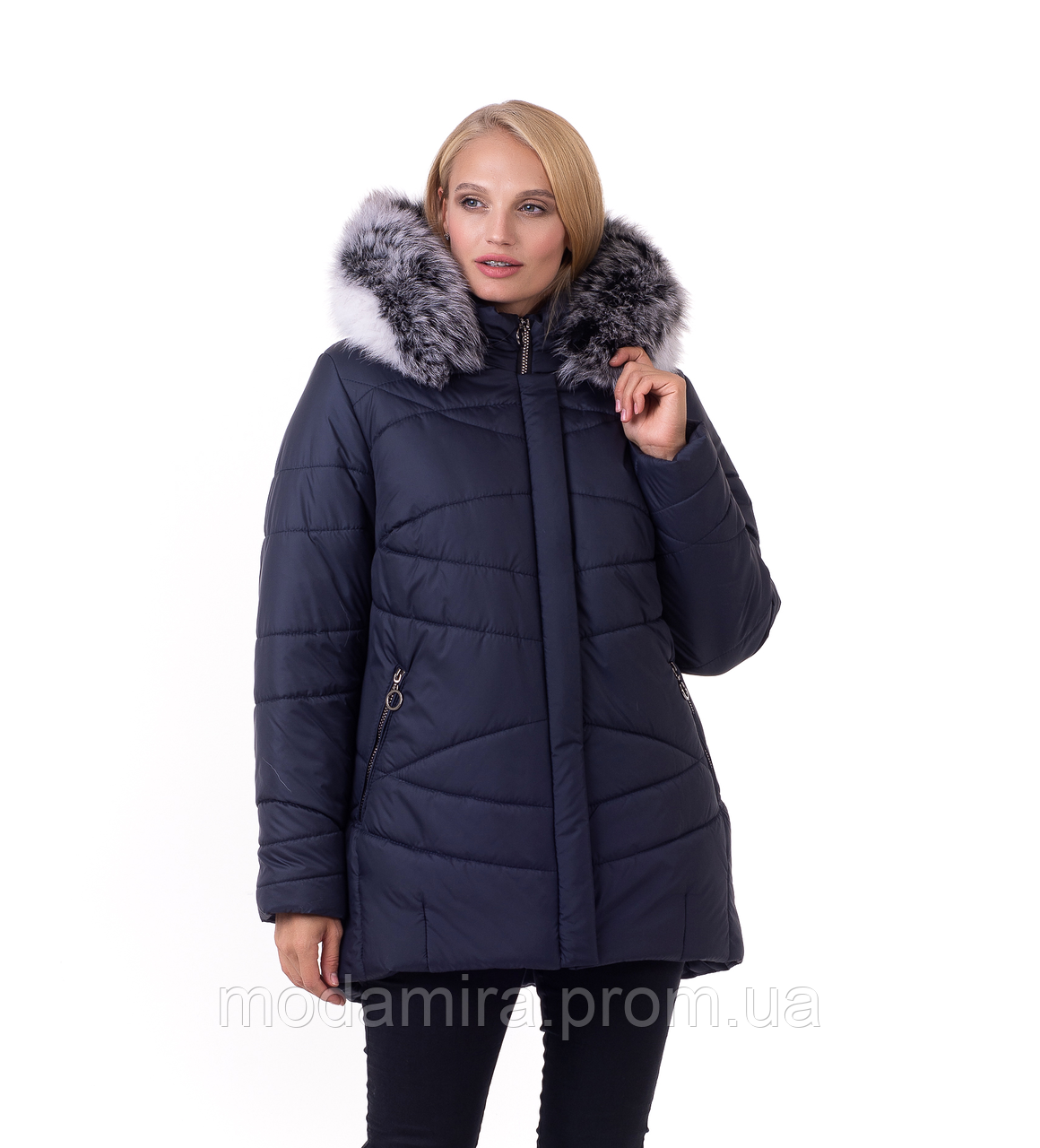 Жіноча зимова подовжена курточка з натуральним хутром. Жіночий зимовий пуховик — курточка Р- 48-62 Синя