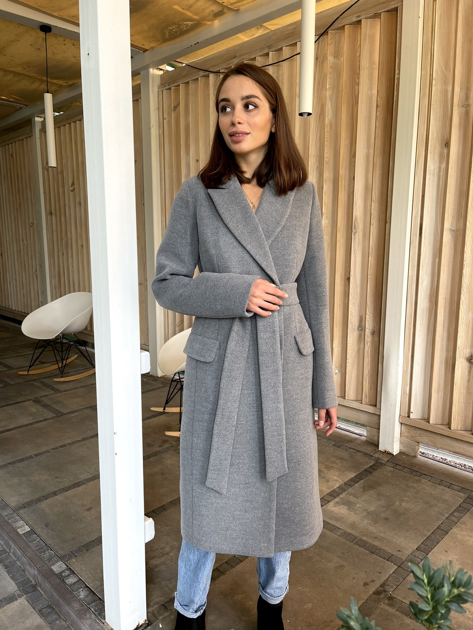 Зимове сіре двубортне класичне пальто утеплене з кашеміру, фото 1