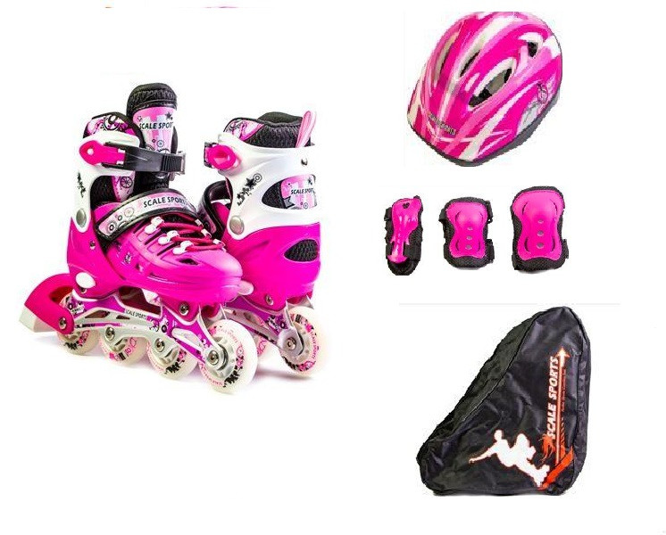 Комплект дитячих роликів (з м'якими колесами) із захистом та шоломом Scale Sport. Рожевий колір. Розміри 29-33 / 34-38