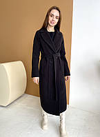 Пальто из кашемира 40-52 черное Кашемировое пальто с поясом удлиненное