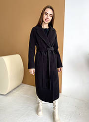 Пальто з кашеміру 40-52 чорне Кашемірове пальто з поясом подовжене