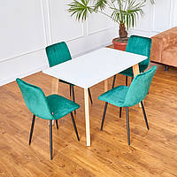 Кухонный комплект Onto Фабрицио белый прямоугольный стол + 4 стула Lava Velvet зеленые