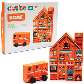 Дерев'яний іграшковий набір Cubika конструктор «Будиночок з машинкою», 37 деталей (15153)